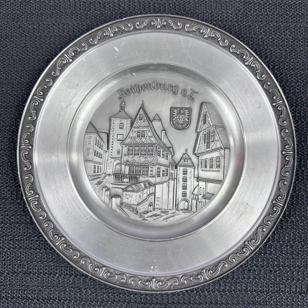 SKS Zinn 95% Pewter Plate Rothenburg o.T. Germany Relief Wall Decor 9 Inch